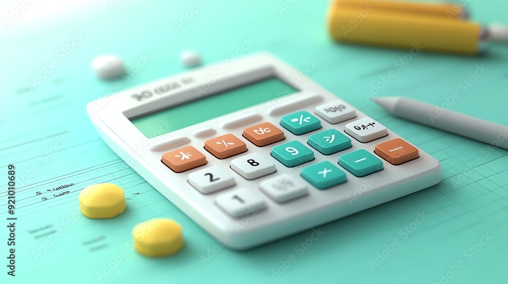 Poster Calculator with Colorful Buttons and Pen on Grid Paper.