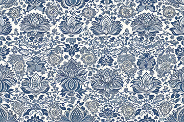 traditional intricate pattern motifs, paisleys, water lily flowers, and geometric designs on a clean white background