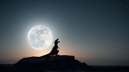 Fototapeta premium Mighty T Rex Silhouetted Against Moonlit Mountainous Landscape with Starry Aurora Sky
