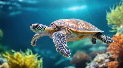Fototapeta premium A sea turtle gracefully swimming through an underwater garden of seaweed and coral