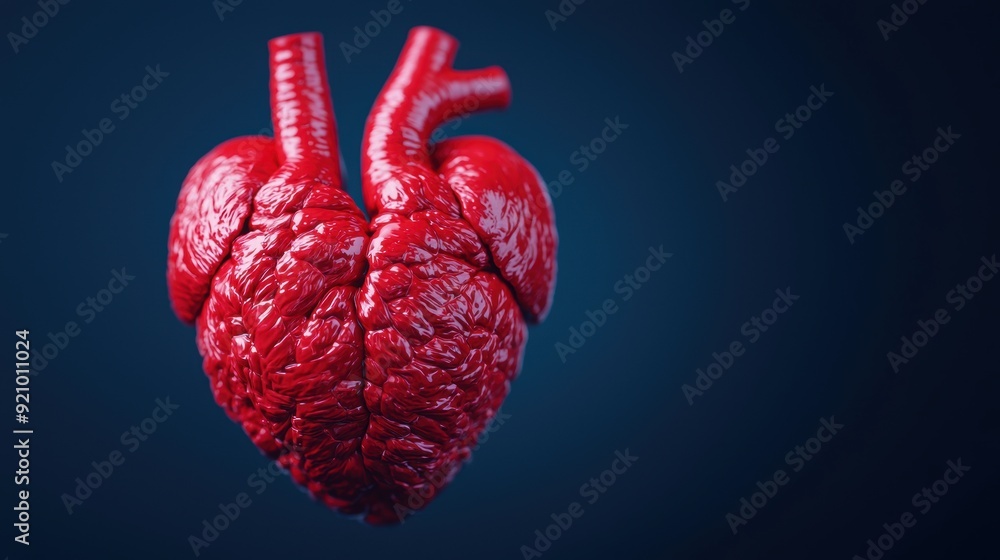 Poster detailed cross-section of human heart muscles showing strength and pump function with copy space, hi