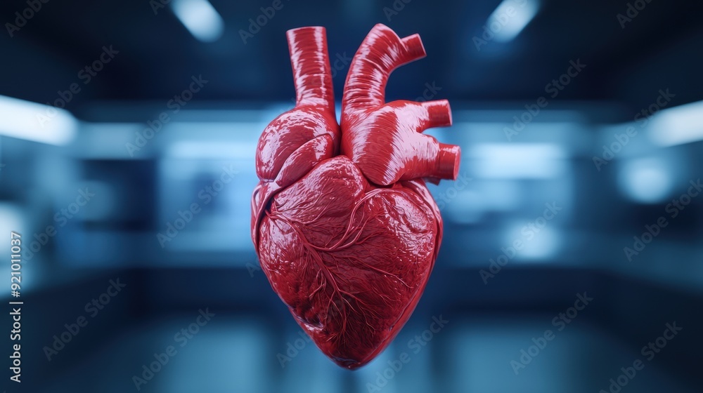 Poster intricate human heart cross-section showing muscle layers strength and pump function with copy space