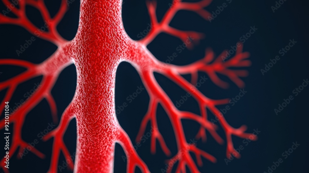 Poster detailed close-up of capillaries in lung tissue for gas exchange in breathing process with copy spac