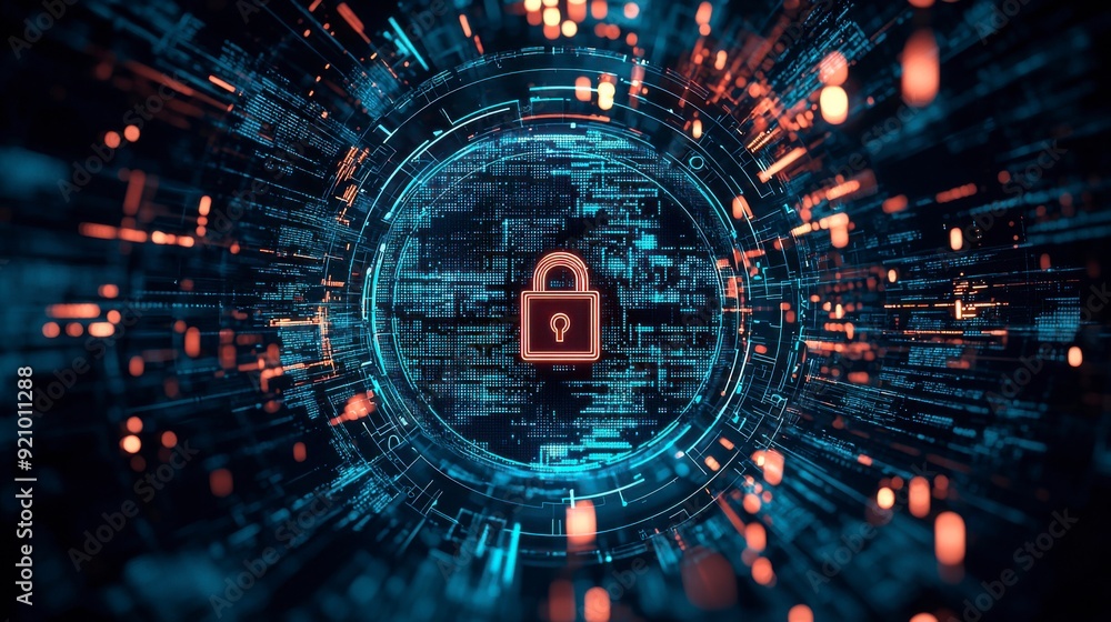 Poster digital background with pixelated lock and data protection symbols on a blue digital screen