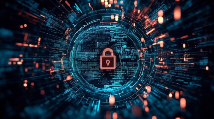 Obraz premium Digital background with pixelated lock and data protection symbols on a blue digital screen