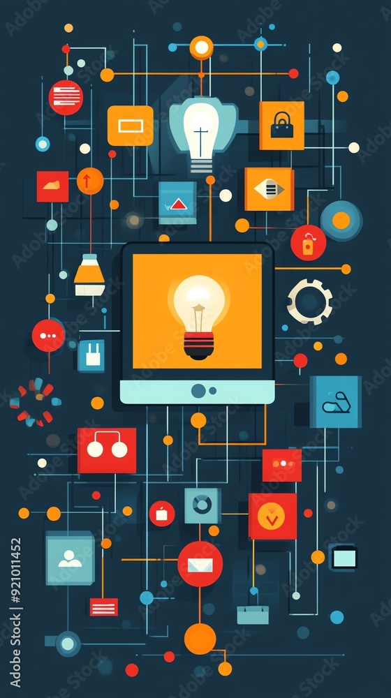 Poster Abstract illustration of a network with a lightbulb at its center.