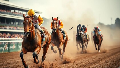 Fototapeta premium Cross view of horses racing closely in the hippodrome.