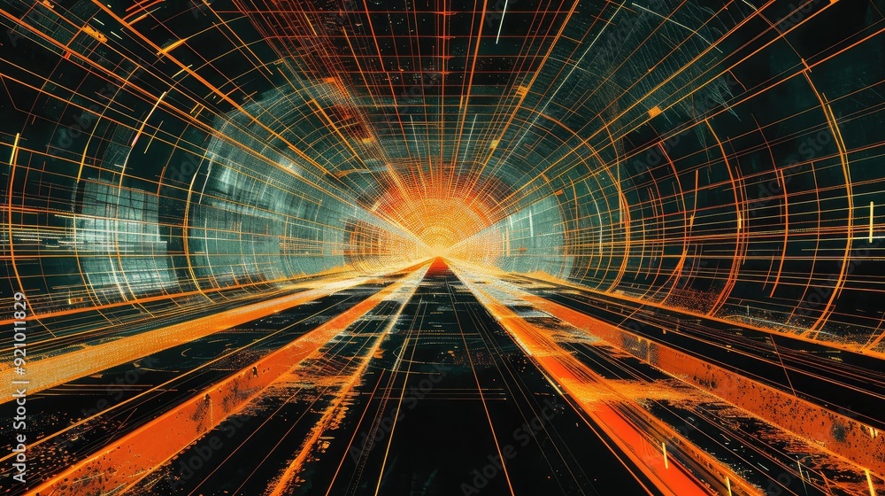 Poster abstract digital art depicting a futuristic tunnel with glowing orange and blue lines, creating a se