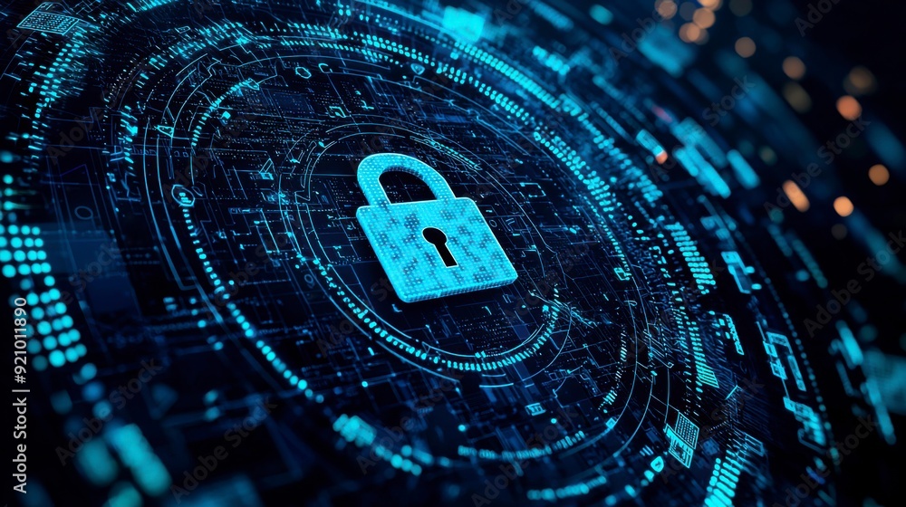 Aufkleber digital background with pixelated lock and data protection symbols on a blue digital screen