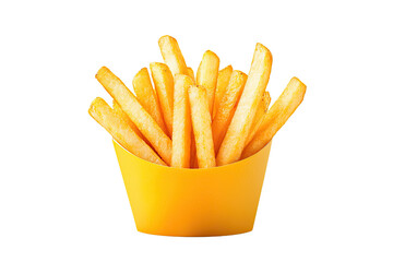 A vibrant yellow cup filled with crispy, golden French fries, perfect for snacking or serving alongside a delicious meal.