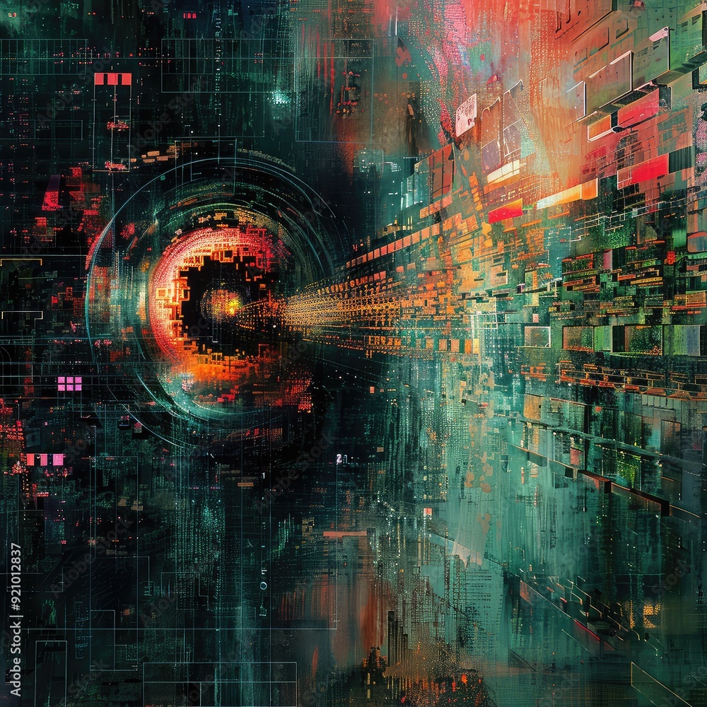 Poster abstract digital art with glowing colors and geometric patterns. futuristic and psychedelic with a s