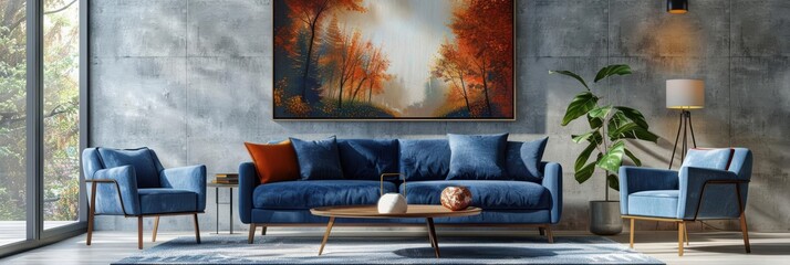 Modern living room featuring a stylish blue sofa, armchairs, artistic decor, and a soothing ambiance with natural lighting.