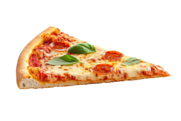 Delicious slice of pepperoni pizza topped with fresh basil, perfect for food lovers and culinary enthusiasts.