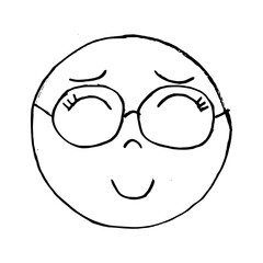 Sketch hand drawn of emoji face smiling with glasses. Isolated on white background. Vector illustration.