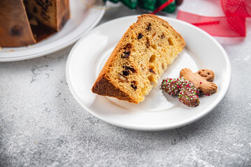 Panettone sweet christmas cake delicious baked goods Christmas background New Year's holiday fresh meal food snack on the table copy space food background rustic top view