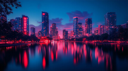 Frankfurt am Main skyline at night with reflection in the river.