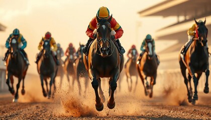 Cross view of horses racing closely in the hippodrome.