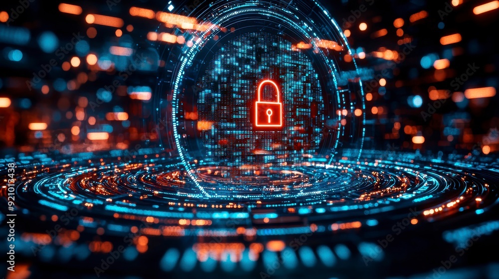 Poster digital background with pixelated lock and data protection symbols on a blue digital screen
