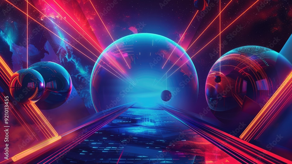 Poster abstract digital art with vibrant neon lights and glowing orbs creating a futuristic, dynamic compos