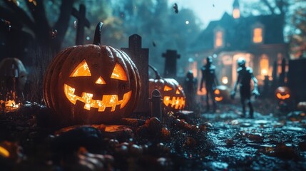 Obraz premium Spooky Halloween Card Party in Graveyard Setting with Pumpkins, Zombies, and Wooden Board for Event Promotions