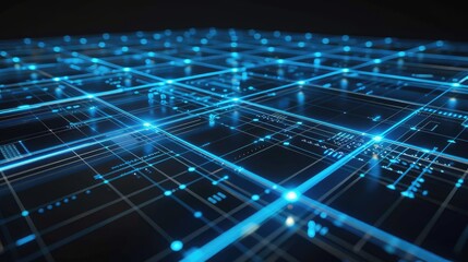 Fototapeta premium Abstract digital grid with glowing blue lines and data points. Network, connection, technology concept.