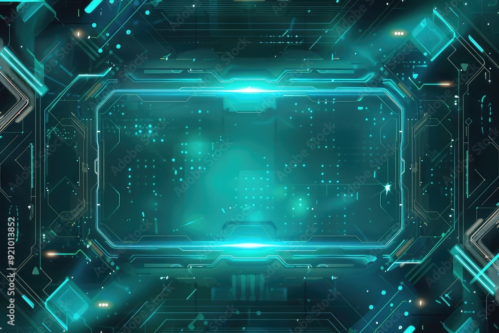 Poster abstract digital interface with glowing blue frame and futuristic technology background.