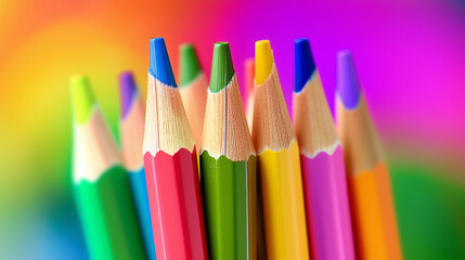 Fototapeta premium Vibrant Close-Up of Colorful Pencils Arranged in an Artistic Display Against a Blurred Pastel Background, Creating a Bright and Creative Atmosphere for School Supplies or Artistic Work