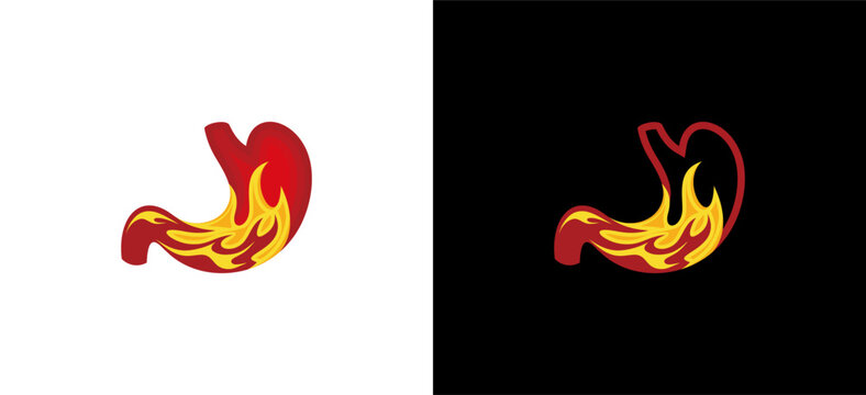 Heartburn logo design, vector illustration of stomach and fire symbols, disease or indigestion