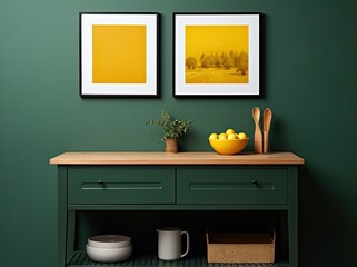 Green kitchen interior design with yellow accents.