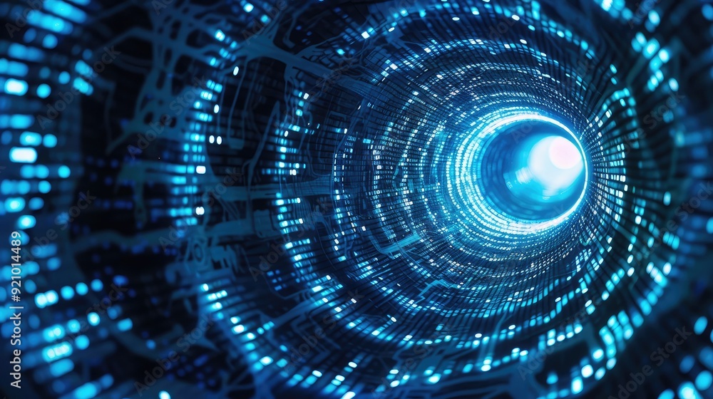 Aufkleber abstract digital tunnel with glowing blue light and circular patterns.