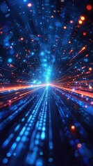 Naklejka premium Abstract digital tunnel with glowing blue and red lights. A futuristic digital landscape with glowing particles.