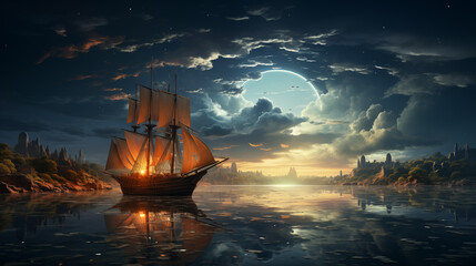 Obraz premium Moonlit Sailing Adventure on Mystic Seas