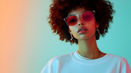 Modern Minimalist Female Model Wearing Oversized Tee with Stylish Accessories