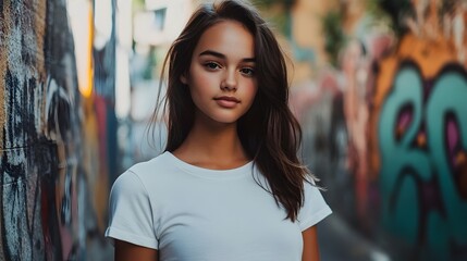 Trendy Teen Model Showcasing Casual Streetwear in Graffiti-Covered Urban Alley