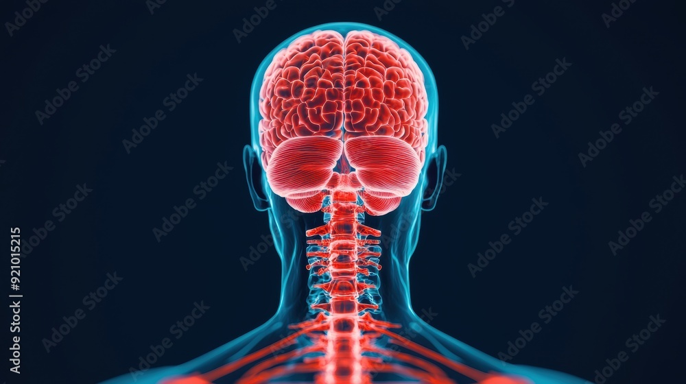Poster detailed scientific illustration of nervous system diagram including brain and spinal cord with copy