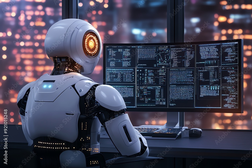 Poster Futuristic Robot Working On Code.