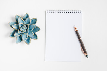 Ceramic decoration succulent plant and blank sketchbook on white background.