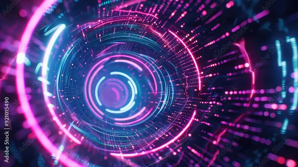 Poster abstract digital tunnel with glowing neon lights and data streams.