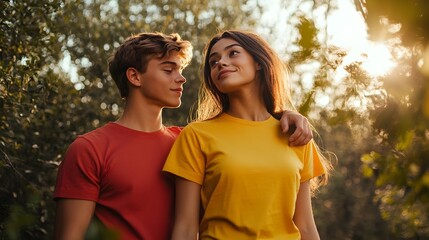 Obraz premium Stylish Young Couple in Coordinated Casual Attire Enjoying Outdoor Lifestyle Moment