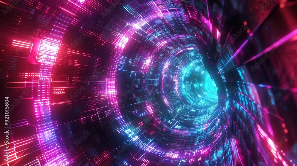Poster abstract digital tunnel with neon lights and glowing patterns. futuristic and vibrant background.