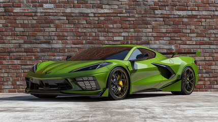 Green sports car on a background of brick wall. Vector illustration.