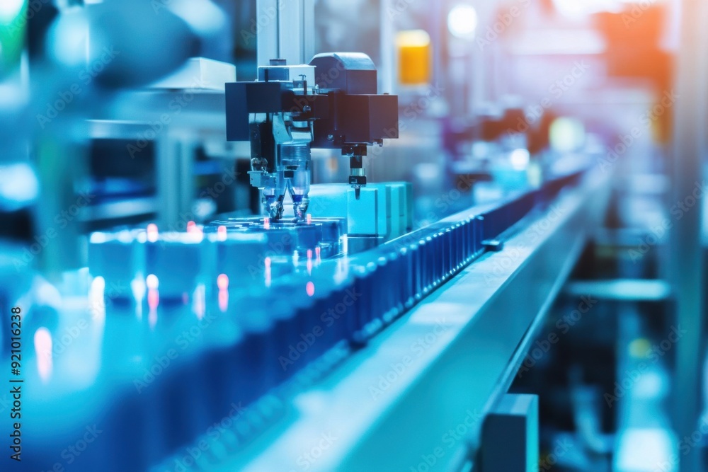Poster an industrial assembly line, with robotic arms assembling products at high speed, emphasizing automa