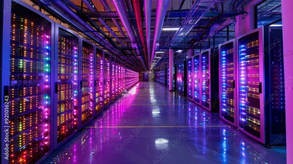 Poster high-tech data center with advanced servers
