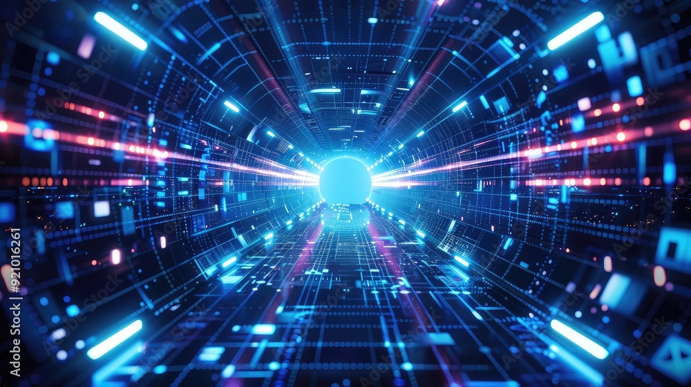 Poster abstract futuristic digital tunnel with glowing lights and data streams.