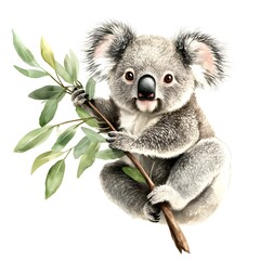 Playful Koala in Watercolor: A charming koala bear clings to a eucalyptus branch, its soft fur and gentle eyes brought to life in vibrant watercolor. 