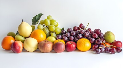 A Symphony of Freshness: A vibrant array of fruits, from crisp apples and juicy oranges to plump grapes and succulent pears, bursts with color and vitality against a clean white backdrop. A visual fea