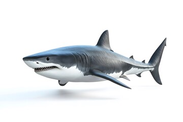 Obraz premium Great White Shark Prowling: A majestic great white shark glides through a pure white expanse, its powerful form and intense gaze commanding attention. 