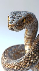Fototapeta premium Serpent's Gaze: A close-up of a mesmerizing snake with intricate scales and piercing yellow eyes, coiled in a captivating pose, showcasing the beauty and mystery of nature's wonders. 