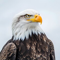 Obraz premium Bald Eagle Portrait: A majestic bald eagle stares intensely into the distance, its piercing yellow eyes capturing a moment of focus and power. The sharp details of its feathers and beak showcase the b