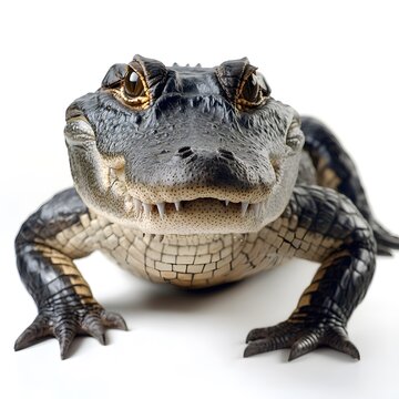 recommend clip art: Baby Alligator Close-up: A curious and captivating close-up portrait of a young alligator with striking yellow eyes, showcasing its intricate scales and powerful jaw. The alligator is captured in a mo